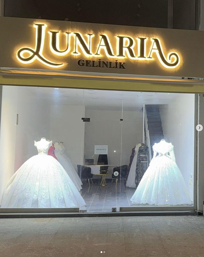 Kahramanmaraş krom ışıklı kutu harf tabela Lunaria Gelinlik